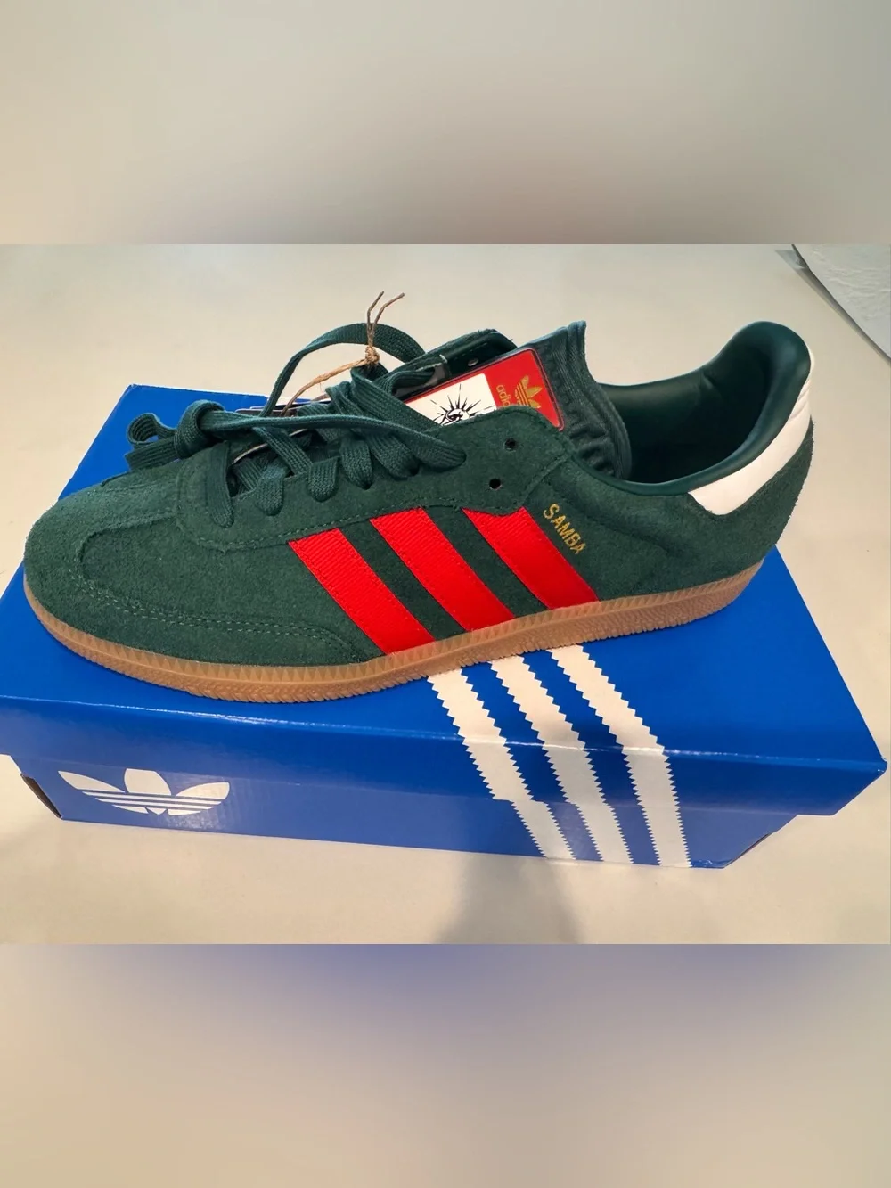 adidas Samba OG Green Suede Sneakers with Red Stripes